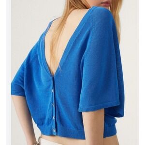 ba&sh Domino Cropped Cardigan Blue Modal Cotton Knit Batwing Sleeves, S US 2–4